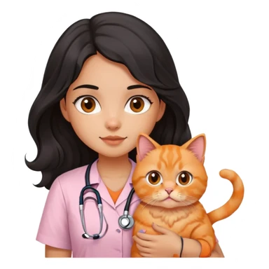 a girl with long black wavy hair and dark brown eyes, wearing a plain light pink short-sleeved shirt with a stethoscope on her neck while holding her orange persian cat sticker