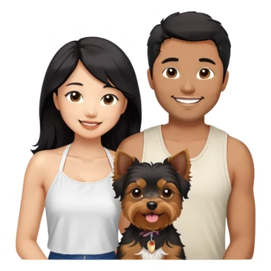 A pretty Asian girl with long, luscious wavy black hair (loose, no hair tie), wearing a white sleeveless halter top, standing beside a brown skinned man with a Two Block 6/4 haircut who is wearing a shirt. They are both smiling and holding a small Yorkshire Terrier together sticker