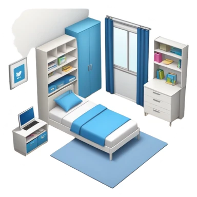 top-down view of teenage bedroom layout with bed, desk, closet, and storage sticker