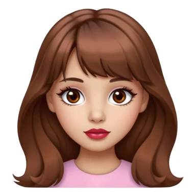 A girly girl with medium skin, soft pinkish cheeks, large bambi dark hazel eyes with long eyelashes, long wavy brown hair with full soft bangs, medium straight nose with a soft tip, medium natural red lips,very feminine and pretty features, sticker