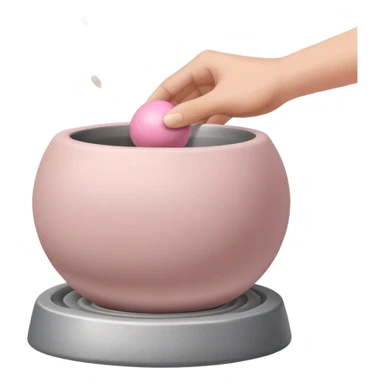 one hand throwing a pink ball of clay onto a flat silver pottery wheel surface sticker