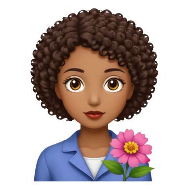 mulher com cabelo cacheado curto com uma flor ao lado, pele parda, olho castanho escuro sticker