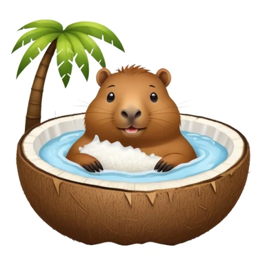 Happy capybara relaxing inside a halved coconut like a bathtub sticker