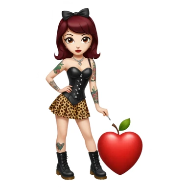 compact pin-up girl, white skin, heart-shaped face, big eyes, dark red lips, brown hair with rockabilly bangs and blonde streak, leopard and black leather corset, black pencil skirt, Dr. Martens boots, old school tattoos, Apple/iPhone emoji style, transparent background sticker