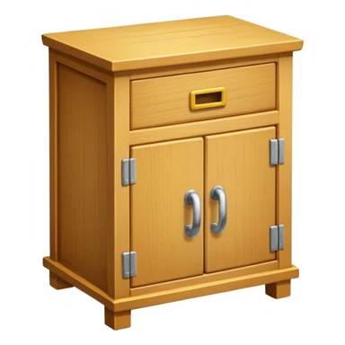 Compact emoji-style icon showing a small wooden cabinet with one door slightly open, a hammer resting beside it, and a plank of wood leaning in the background. Light brown wood tones, silver hammer head, yellow handle. Soft shadows, clean glossy look.  sticker