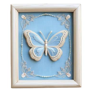 An antique ivory ribbon, embroidered with delicate silver filigree, twists gracefully over a weathered wooden table. A pale blue butterfly, its wings kissed with hints of opalescent shimmer, lands softly on the knotted bow. Around it, tiny pearl beads are scattered like dewdrops, catching the soft glow of candlelight. sticker