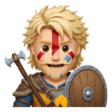 A young Viking warrior with messy blond hair, wooden shield, and fierce excited grin.
 sticker