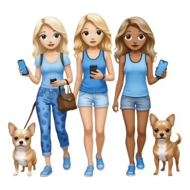 Three women in summer clothes holding iPhone, hazel eyed light skin with dark blonde long hair and light skin hazel eyed brown long wavy hair, blue eyed light skin long blonde hair walking 2 different dogs that are blue spotted Merle Frenchie, black and tan chihuahua  sticker