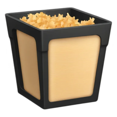 Black cubic plastic container with wood shavings inside sticker