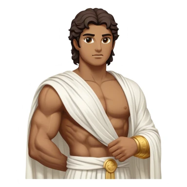 Cinematic Realistic Hercules Portrait, depicted as a classical Greek statue with a robust, muscular build and perfectly chiseled features. His bronze, sun-kissed skin has a timeless, marble-like quality, and his thick, wavy dark hair frames a face exuding determination and quiet nobility. Draped in a flowing white robe with subtle golden accents, the portrait is rendered under dynamic natural lighting that highlights every sculpted detail and evokes the majesty of ancient myth. sticker