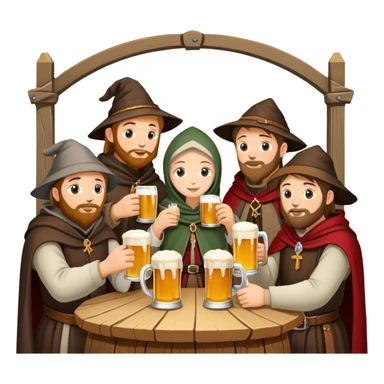 medieval pilgrims with cloaks drinking beer at a tavern sticker