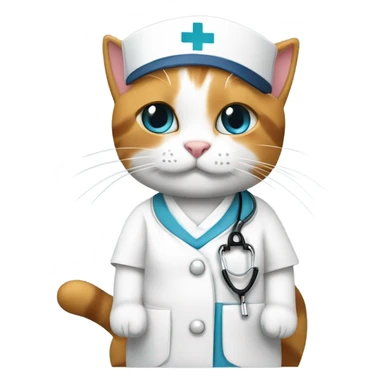 Calico cat wearing nurses uniform with￼ with nurse’s cap sticker
