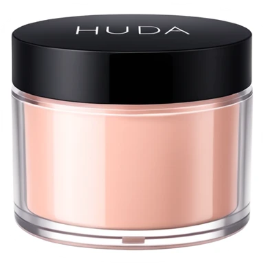 Create an emoji of Huda Beauty loose powder in its round, flat jar, short and wide, frosted or matte plastic, black screw-on lid, minimal luxe makeup packaging, clean glam aesthetic. sticker