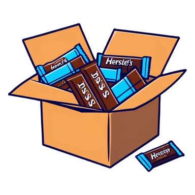 cardboard box full of wrapped Hershey's chocolate bars sticker