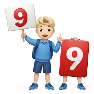 A school that has the number 9 on top of it's eyes holding a sign with the number 9 on the sign with a mouth sticking out his tongue with legs and arms with him being happy full of joy sticker