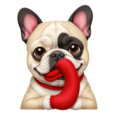 Black and white Bouledogue français eating a red sock  sticker