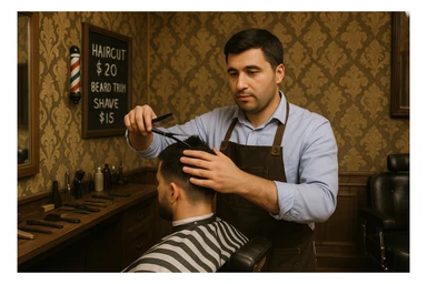 Draw me a picture of a barbershop that looks like this guy working in a barbershop. The barbershop doesn't have to be very modern. It should be on a medium floor. Also draw a blackboard on the wall. It should have the prices for haircuts there. sticker
