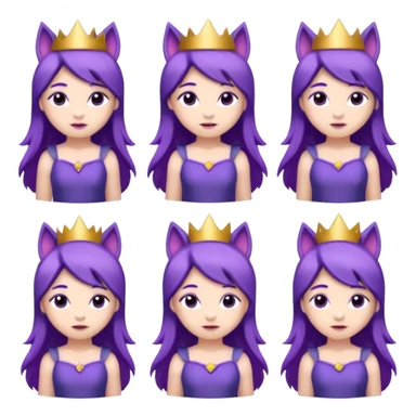 A collection of twelve chibi-style illustrations of a cute princess wearing a purple dress and crown with purple hair and purple wolf ears and purple wolf tail character. Each square shows the character expressing a different emotion against a white background And make a gap between each illusion sticker