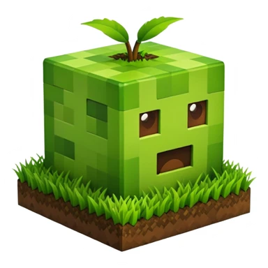 A 3D Apple-style emoji of a Minecraft grass block, cubic shape, with bright green grass on top and brown soil with pixel texture on the sides, simple and cute cartoon design. sticker