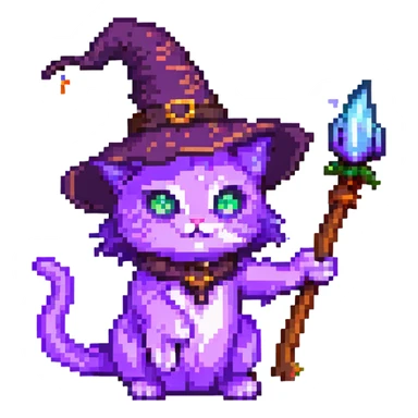 A purple witch cat, pixel art style, casting a spell. sticker