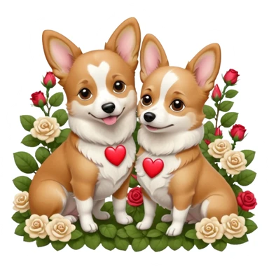 Male tan and white corgi dog with a female white Chihuahua with brown heart spots in a rose garden  sticker