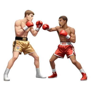 Two professional boxers in the ring, fighting for the world champion title. One delivers a long punch to the head, while the other skillfully dodges. The background features a crowded arena with bright lights and intense action. Transparent background sticker