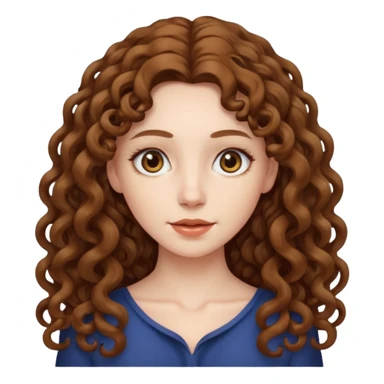 pale woman with brown curly very long hair, middle part. the hair is very long, waist length, but you can't see her waist sticker