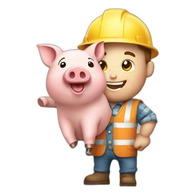 happy little piggy dressed like a builder holding a brick in his hand sticker