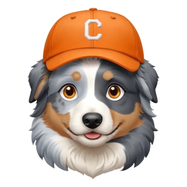 Blue Merle Australian Shepherd with icy blue eyes wearing an orange baseball cap. sticker
