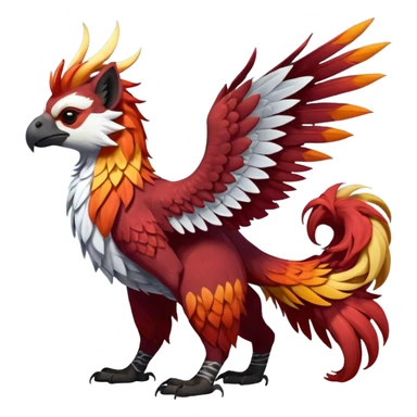 4-legged colorful shiny smooth glossy furry realistic scaly winged long-big-beaked Gryphon-Griffin-Griffsnuff-Talonflame-Silvally-Braviary-Red-Panda-fusion-hybrid-animal-Fakémon-creature, full body, with a long thin tufted lion-tail sticker
