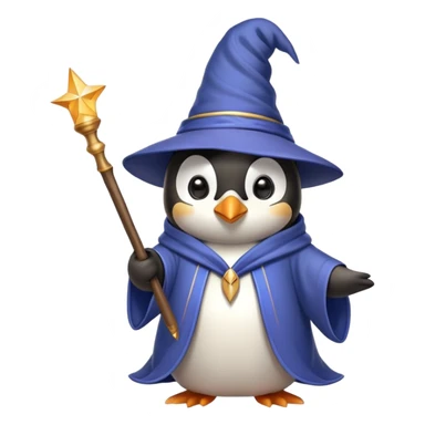 penguin wearing a wizard hat and robe, holding a magic wand sticker