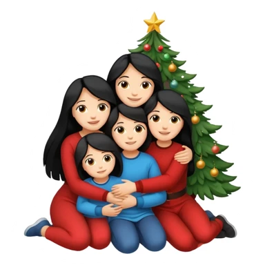 Generate Christmas-style emojis  family. Where light-skinned people stand near the tree all together, hugging and smiling. One girl should be light-skinned with black long hair. Add 4 people: Mother, Sister, Sister, Brother sticker