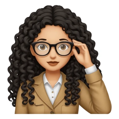 Tan girl with black long curly hair posing with hand in hair add glasses sticker