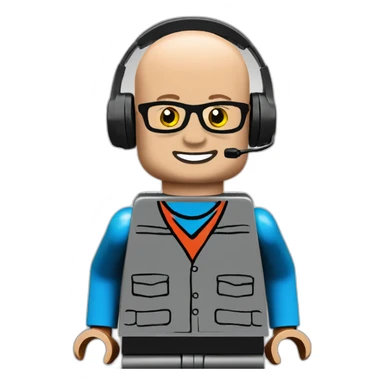 LEGO customer service bald men with headset with red shirt sticker