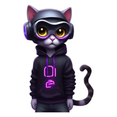 cat wearing a black hoodie with "OMG" letters on it and VR headset in a cyberpunk VR environment with violet neon lighting. sticker