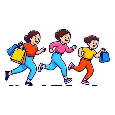 shoppers running with the salesgirl, bright colors and playful expressions sticker
