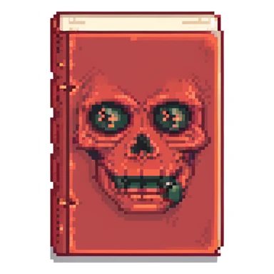 red cursed book with a sinister face sticker