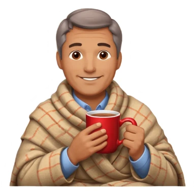 Cozy handsome middle aged man sitting next to a nice fireplace with a hot apple cider, blanket, and plate of chocolate cookies. sticker