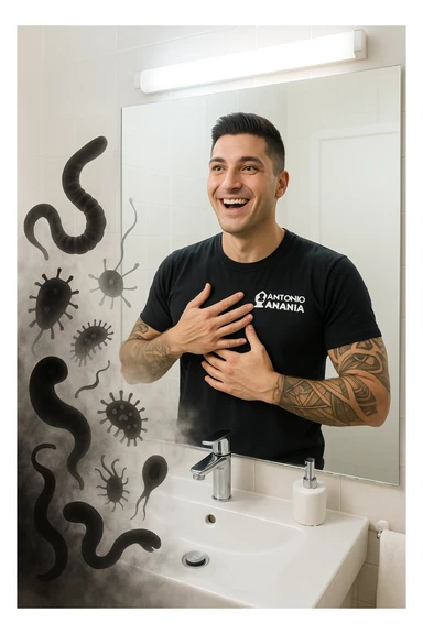 a man stands in a brightly lit bathroom, looking relieved and revitalized as he examines his reflection in the mirror. In the foreground, stylized, shadowy images of parasites (such as worms or protozoa) are shown leaving his body, dissolving into mist or fading away. His posture is upright and his expression is one of newfound energy and health. sticker