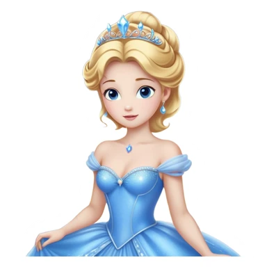 Cinematic Stunning Cinderella Portrait Emoji, Radiant in her sparkling blue ball gown, golden hair in a perfect updo, soft blue eyes full of wonder, glistening tiara, glowing with an ethereal beauty, regal yet kind, a dreamlike aura surrounds her, capturing the essence of a fairy tale princess, elegant and breathtaking! sticker