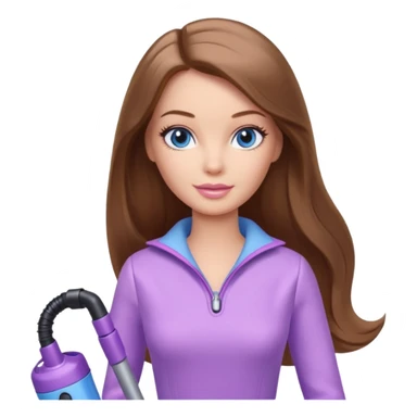 beautiful barbie girl with long brown hair, blue eyes and wearing light purple clothes, cleaning and vacuuming sticker