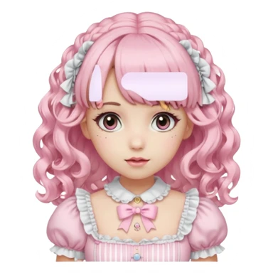pale girl, curly blonde and pink hair, bangs, grey eyes, doll makeup, wearing a frilly light pink lolita hime gyaru dress, emoji style sticker