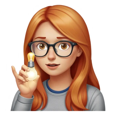 intelligent and clever, 30 year old, girl, long red and almost blond hair, glasses, has an idea, rubs her finger on the nose, light bulb over the head, casual cloth  sticker