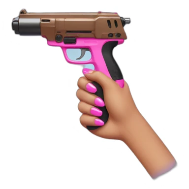 brown hand with pink nails holding large scary dark nerf gun sticker