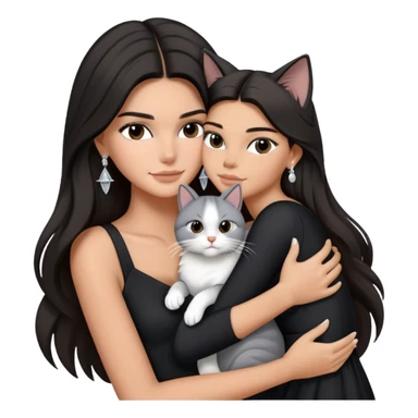 Kendall Jenner long hair with black dress and earrings hug one grey white cat sticker