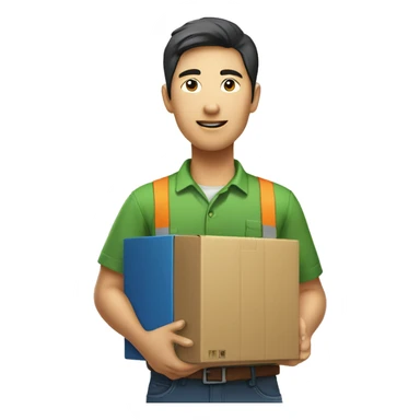 Asian person in logistic company green shirt with box in hand sticker