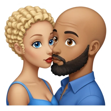 bald head man with brown eyes and black beard kissing African woman with blue eyes and curly blonde hair sticker
