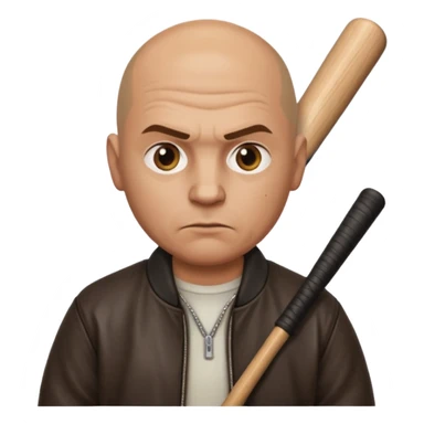 Bald Russian 1990s gangster emoji, leather jacket, , serious face with a bat sticker