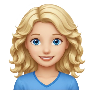 Please generate an image of a girl. She has blue eyes, blond, wavy hair, and is smiling. sticker