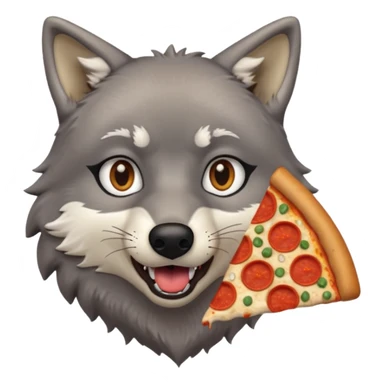 a surprised grey wolf eating a piece of pizza emoji sticker
